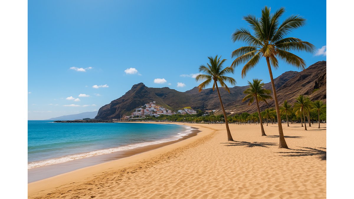 Photorealistic Tenerife beach at midday with palm trees and golden sand