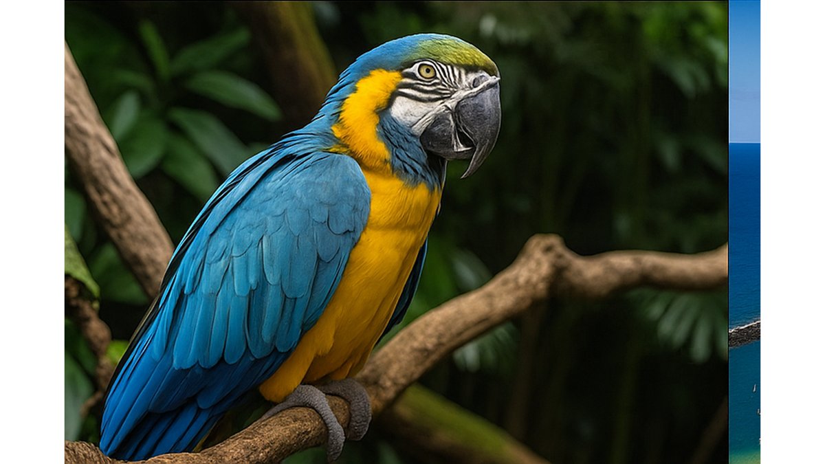 Blue-and-yellow macaw at Loro Parque with lush greenery