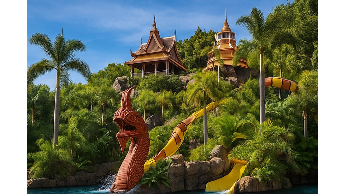 Siam Park water slides among tropical palms